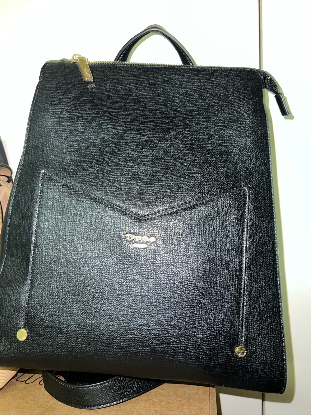 Women’s Black Faux Leather Backpack with Gold Accents